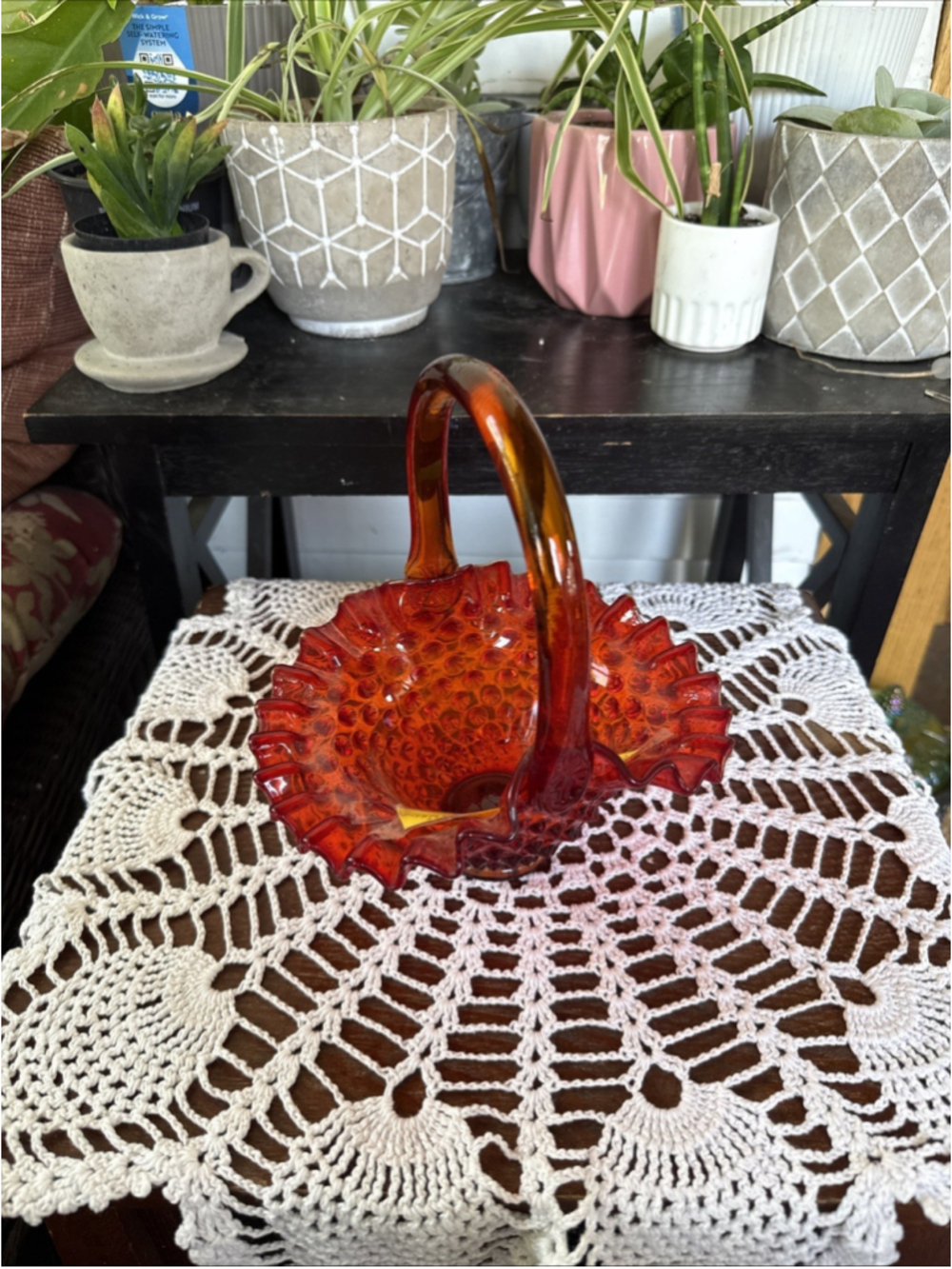 FENTON Ruby Red Art Glass Hobnail Raffled 8"h Basket Shape Candy Bowl